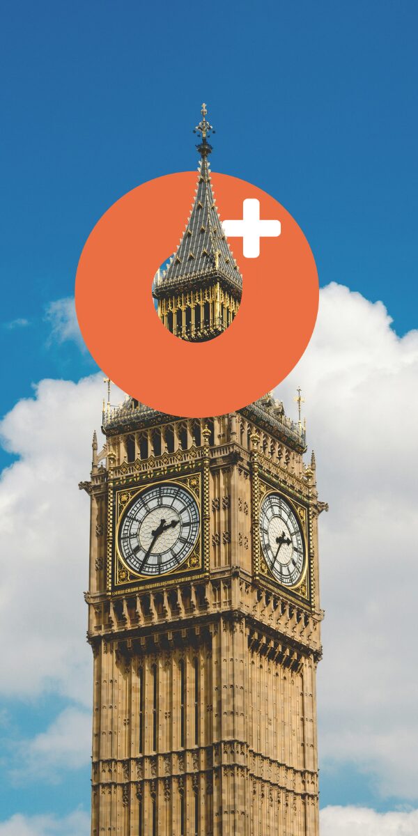 Big Ben in London with Octoplus venue listings service logo overlay against a blue sky