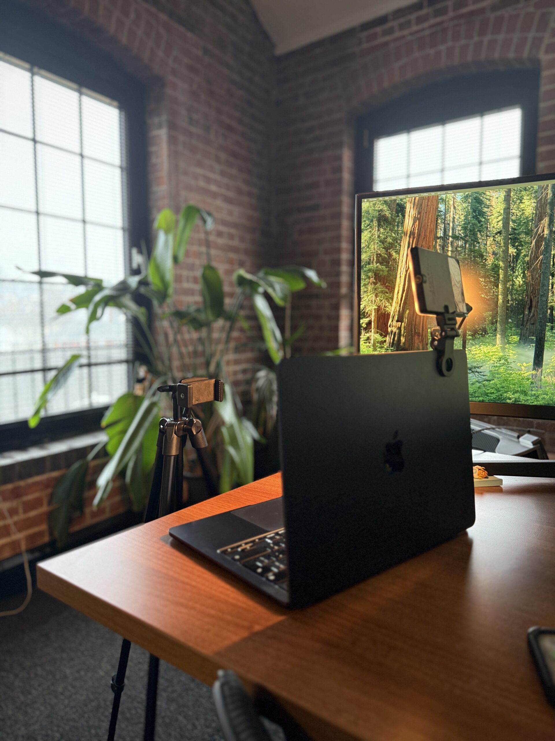 A black MacBook on a wooden desk with a small video light and tripod, set against exposed brick walls and large industrial windows with indoor plants