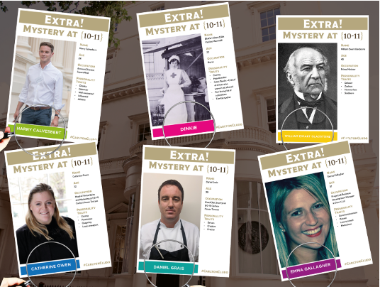 The Carlton House Terrace team featured on posters, each linked to a Cluedo game character