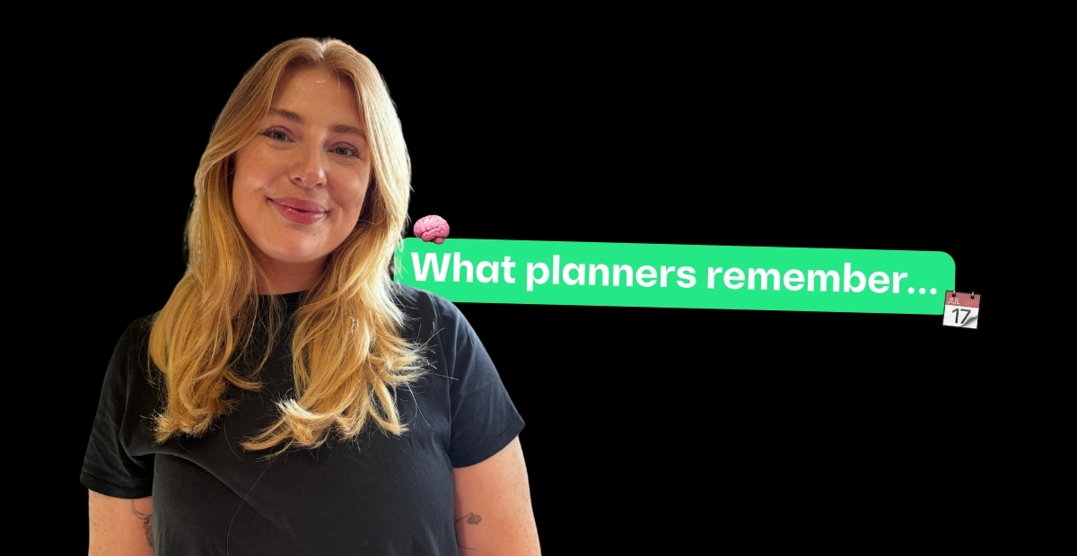 Heather on a black background with a text box next to her reading 'What planners remember'